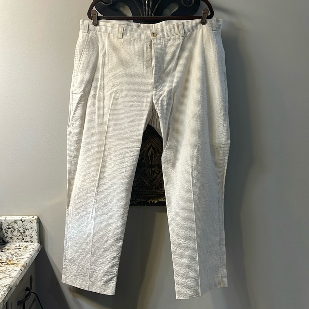 Alan Flusser cream and tan stripe gingham slacks